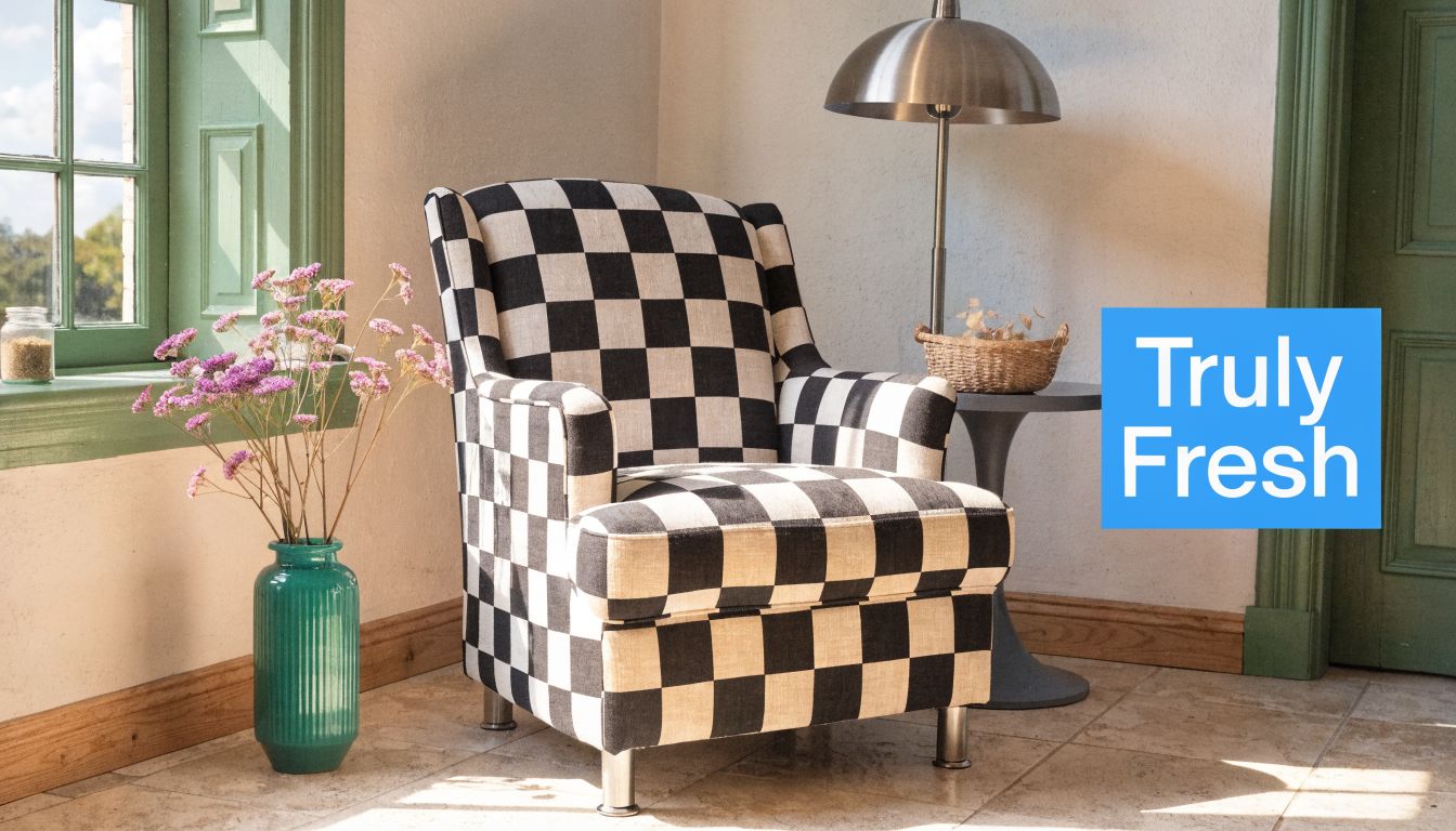 A modern checkered armchair placed in a cozy living room corner near a bright green window.