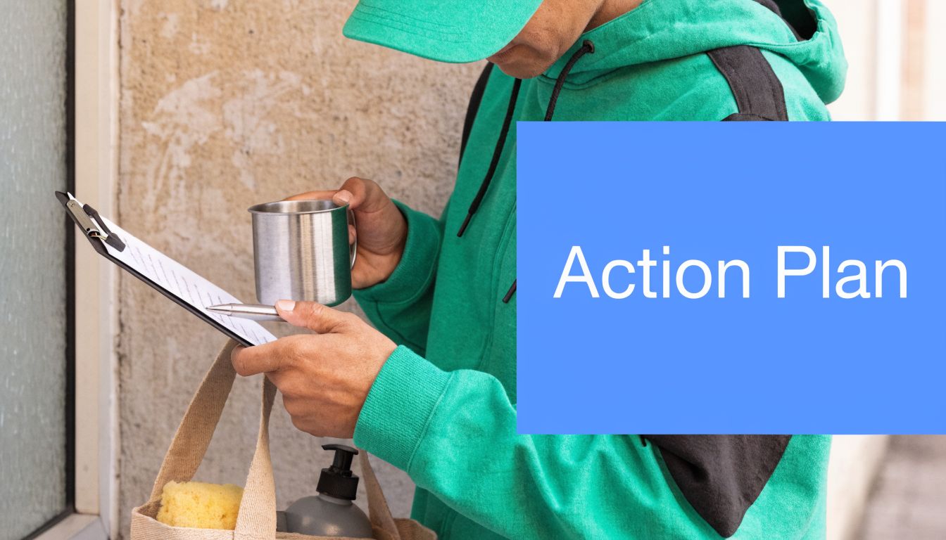 A delivery worker in a green hoodie holding a clipboard and a metal mug while carrying supplies.