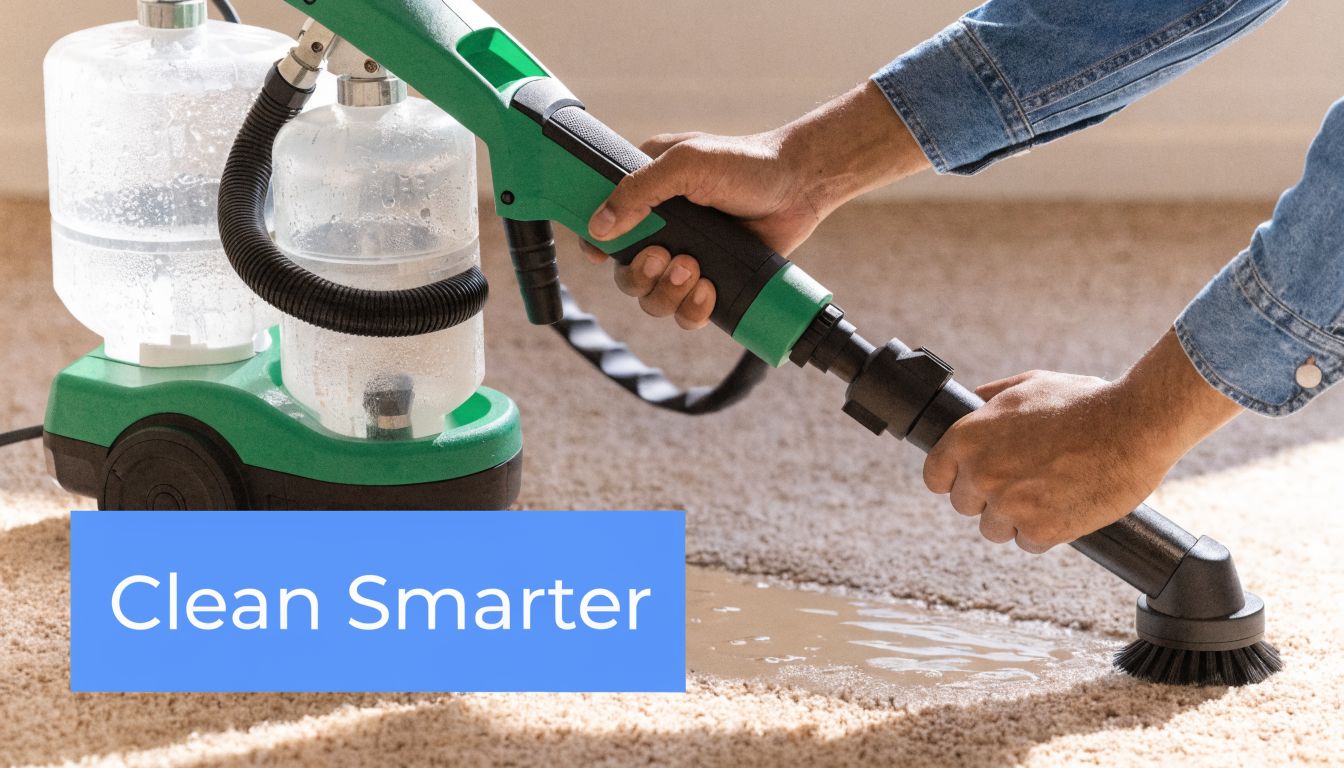 A person using a portable carpet cleaner machine to remove a stain from the beige carpet flooring.