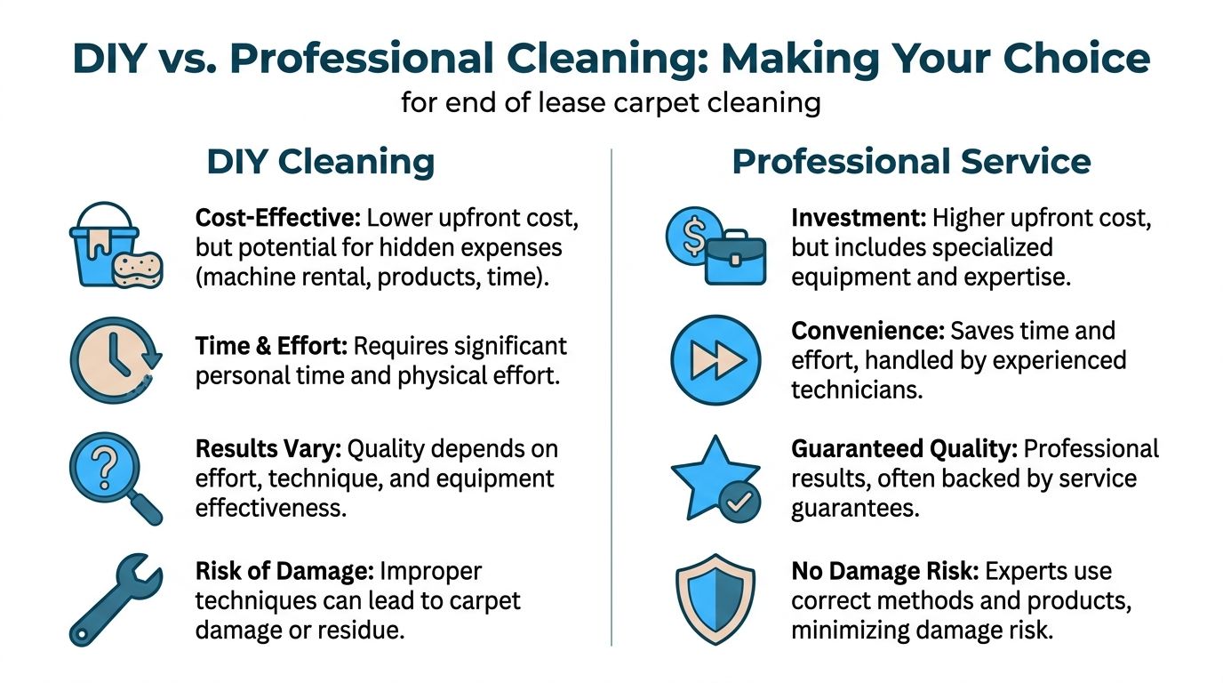 A comparison chart highlighting the pros and cons of DIY versus professional end of lease carpet cleaning services.