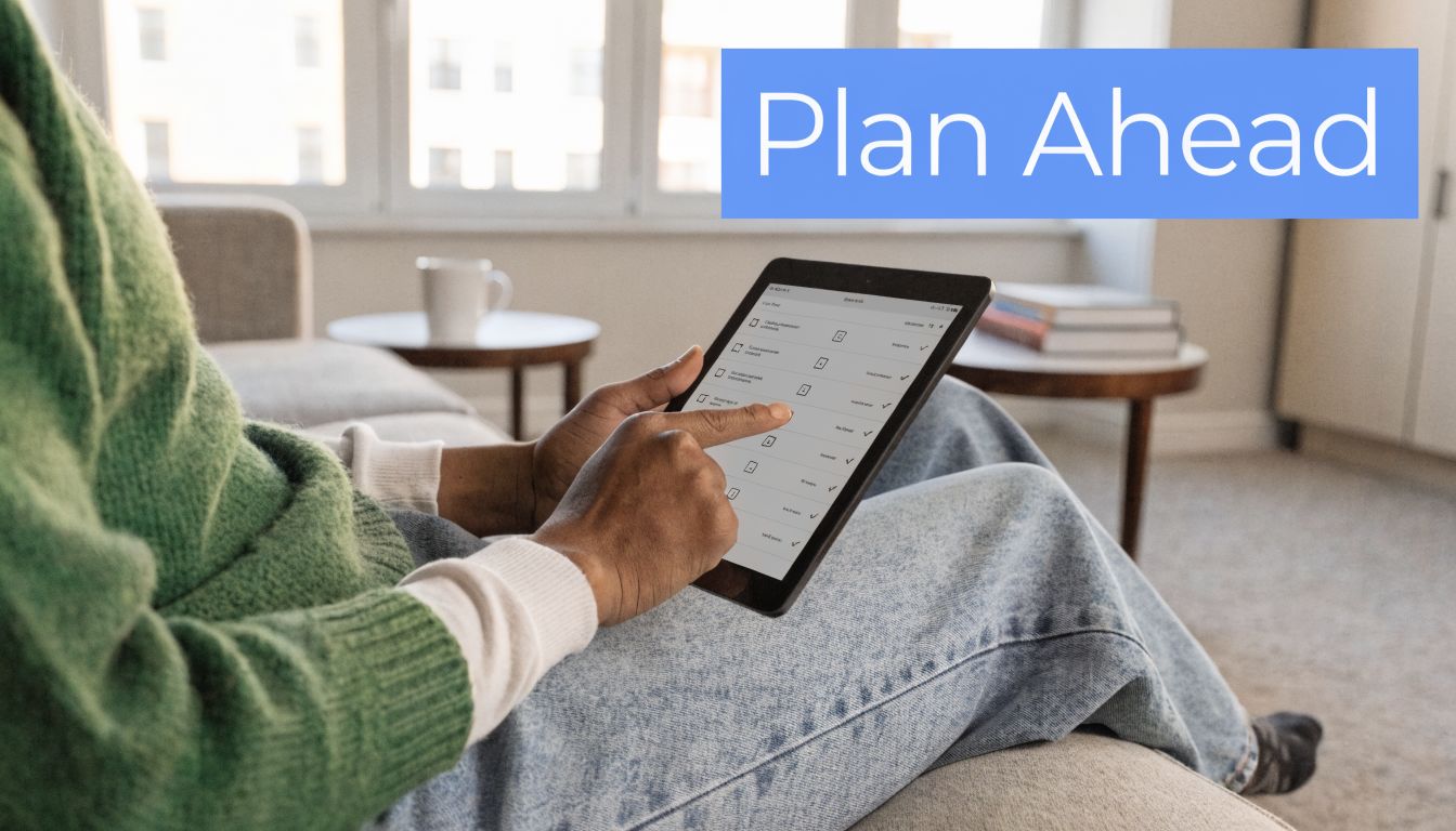 A person sitting on a sofa checking a digital checklist on a tablet to plan ahead.