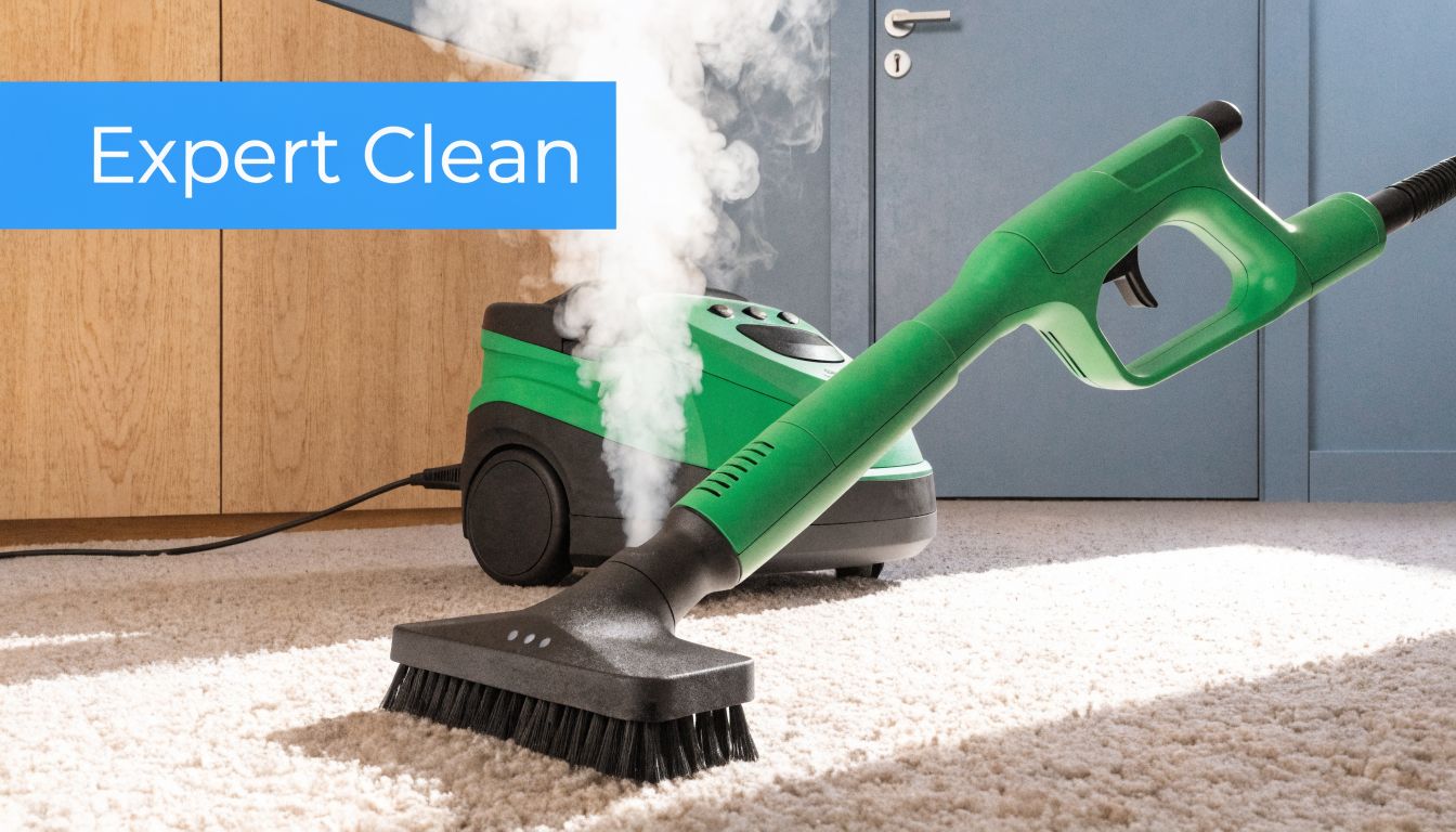 A green steam cleaner being used to deep clean white carpet in a residential room.