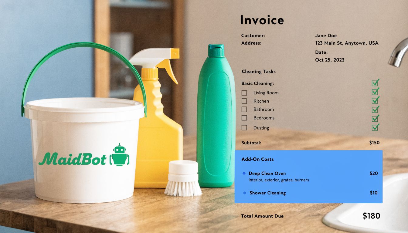 A MaidBot branded bucket, cleaning supplies, and an invoice listing residential cleaning services and total amount due.