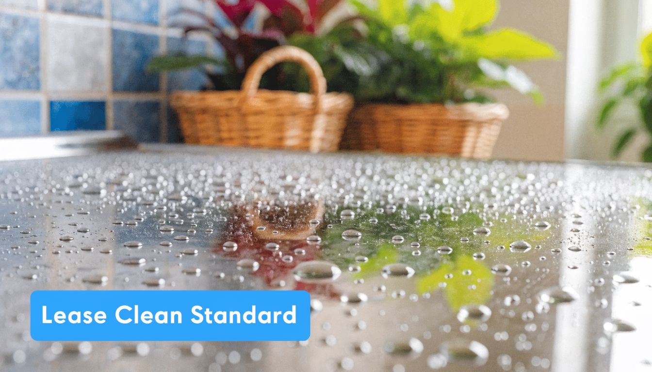 A clean, reflective kitchen countertop with water droplets and two wicker baskets containing indoor plants nearby.