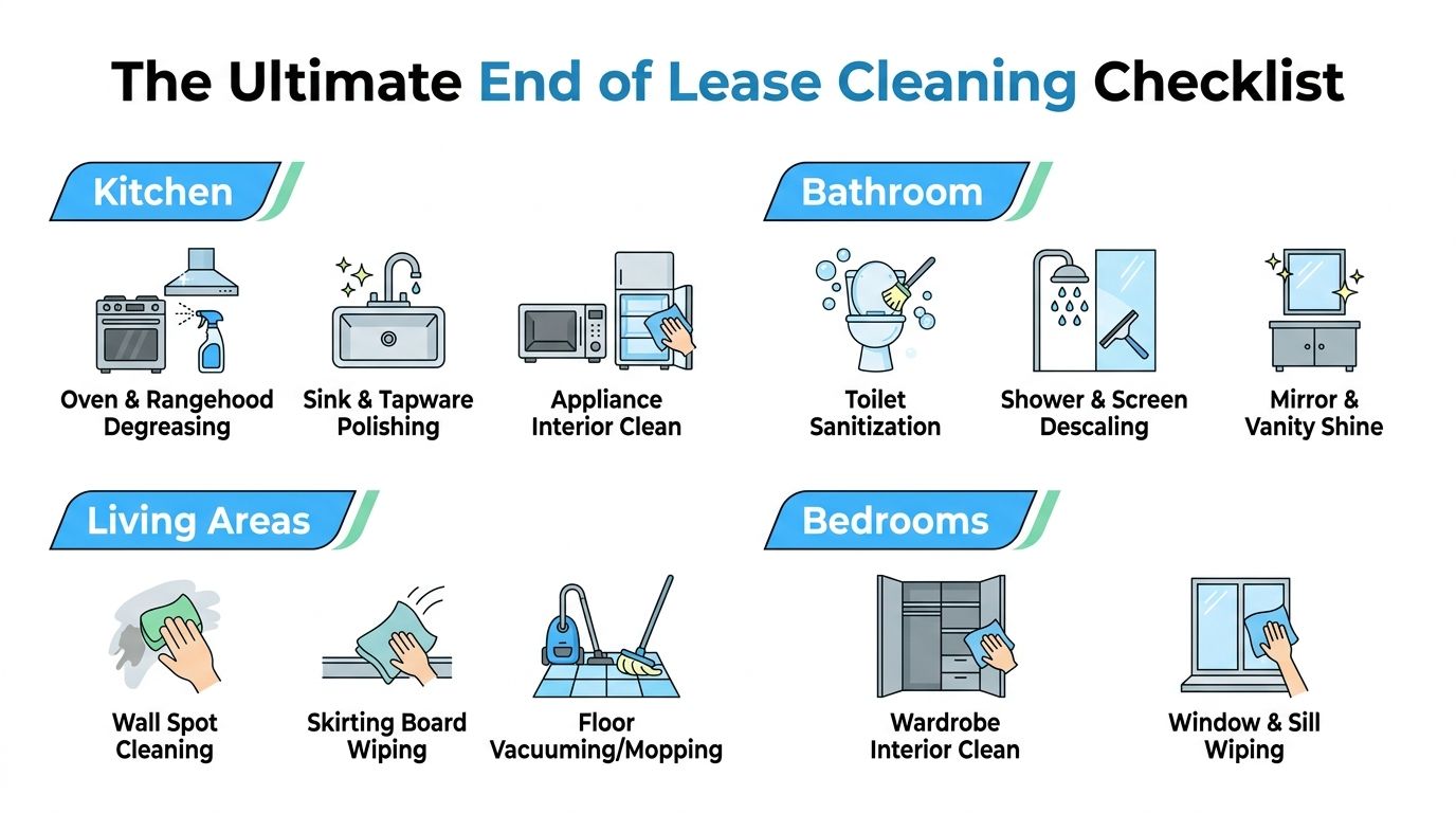 A visual checklist outlining professional end of lease cleaning services for kitchens, bathrooms, living areas, and bedrooms.