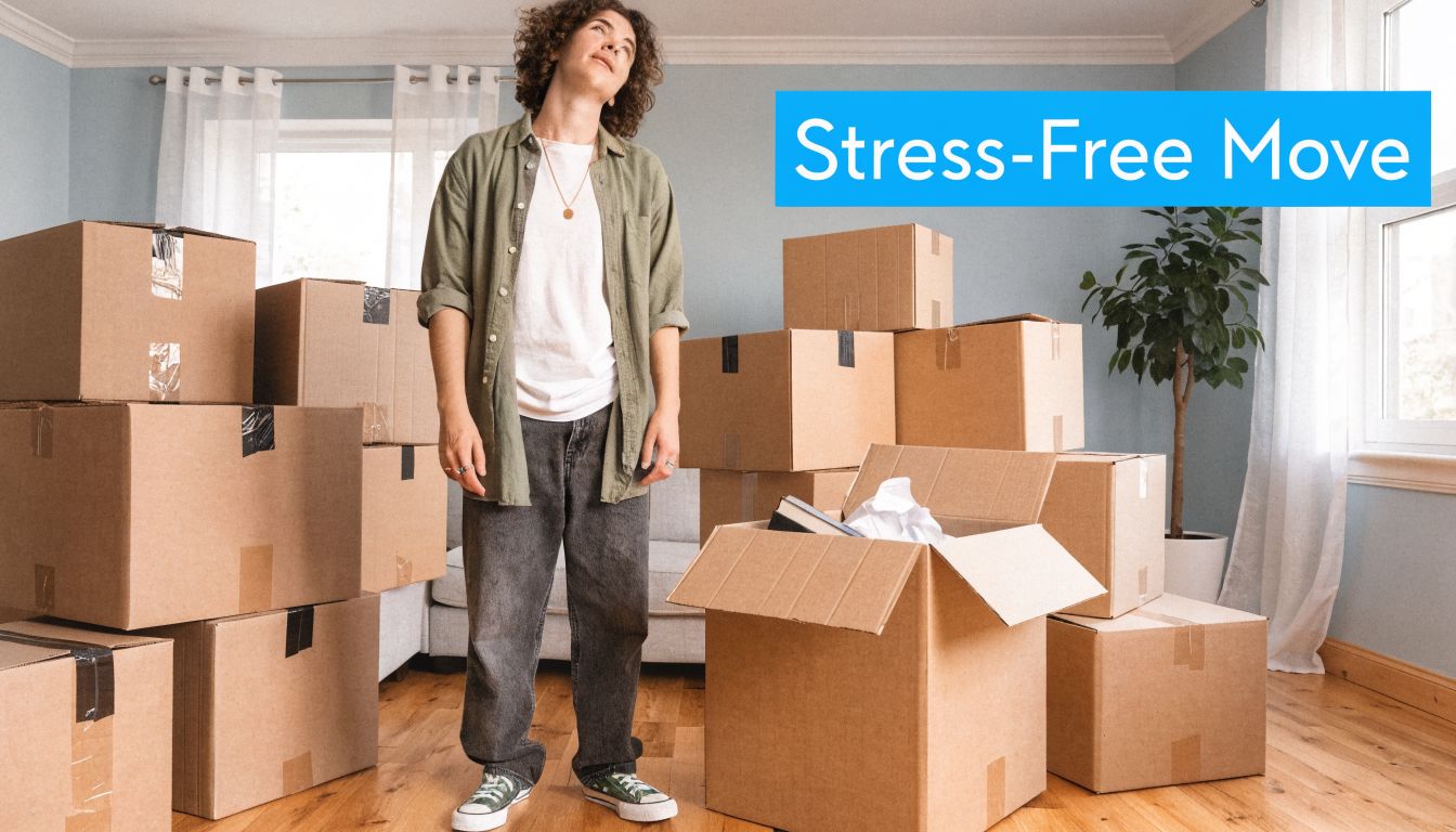 A person stands among many cardboard boxes in a living room during a stress-free home move.