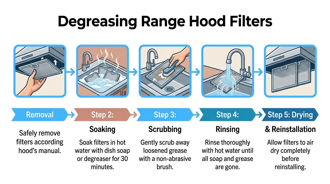 A five-step infographic showing how to clean grease from range hood filters using soap and water.