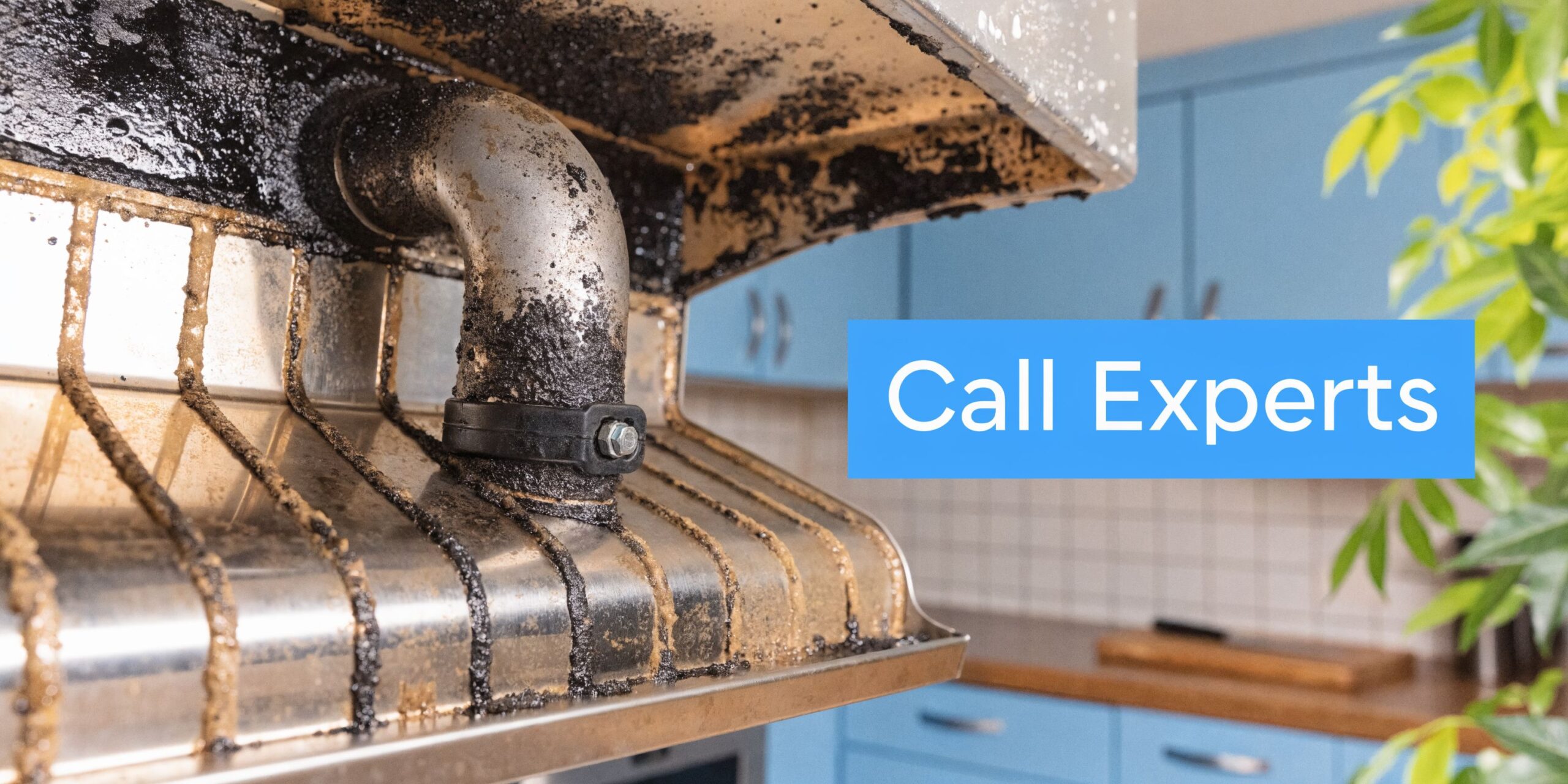 A close-up view of a severely grease-covered kitchen range hood that requires deep cleaning and professional maintenance.