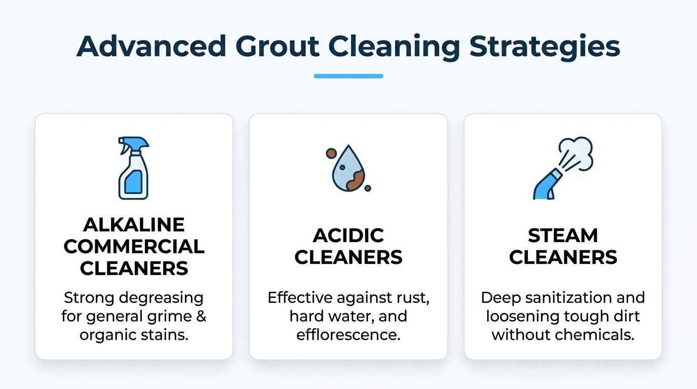 An infographic titled Advanced Grout Cleaning Strategies showing three options: alkaline, acidic, and steam cleaners.
