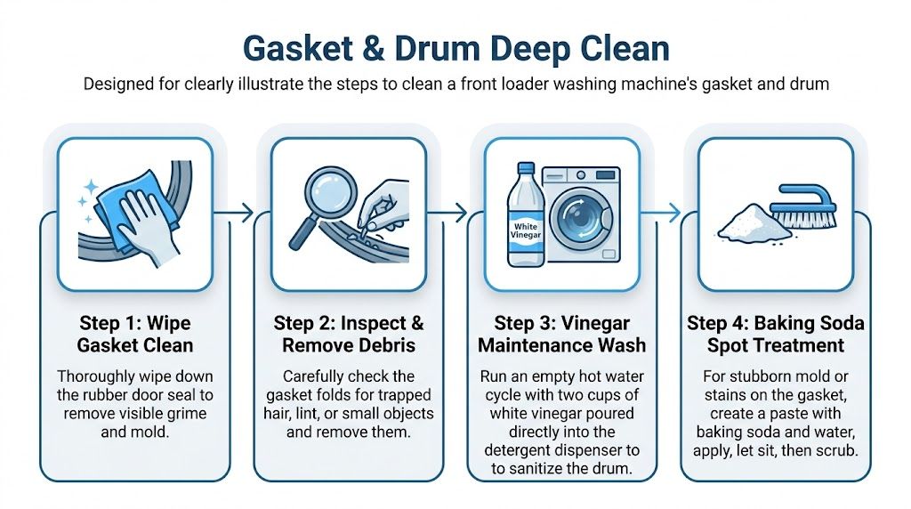 A four-step infographic illustrating how to deep clean a front loader washing machine gasket and drum.