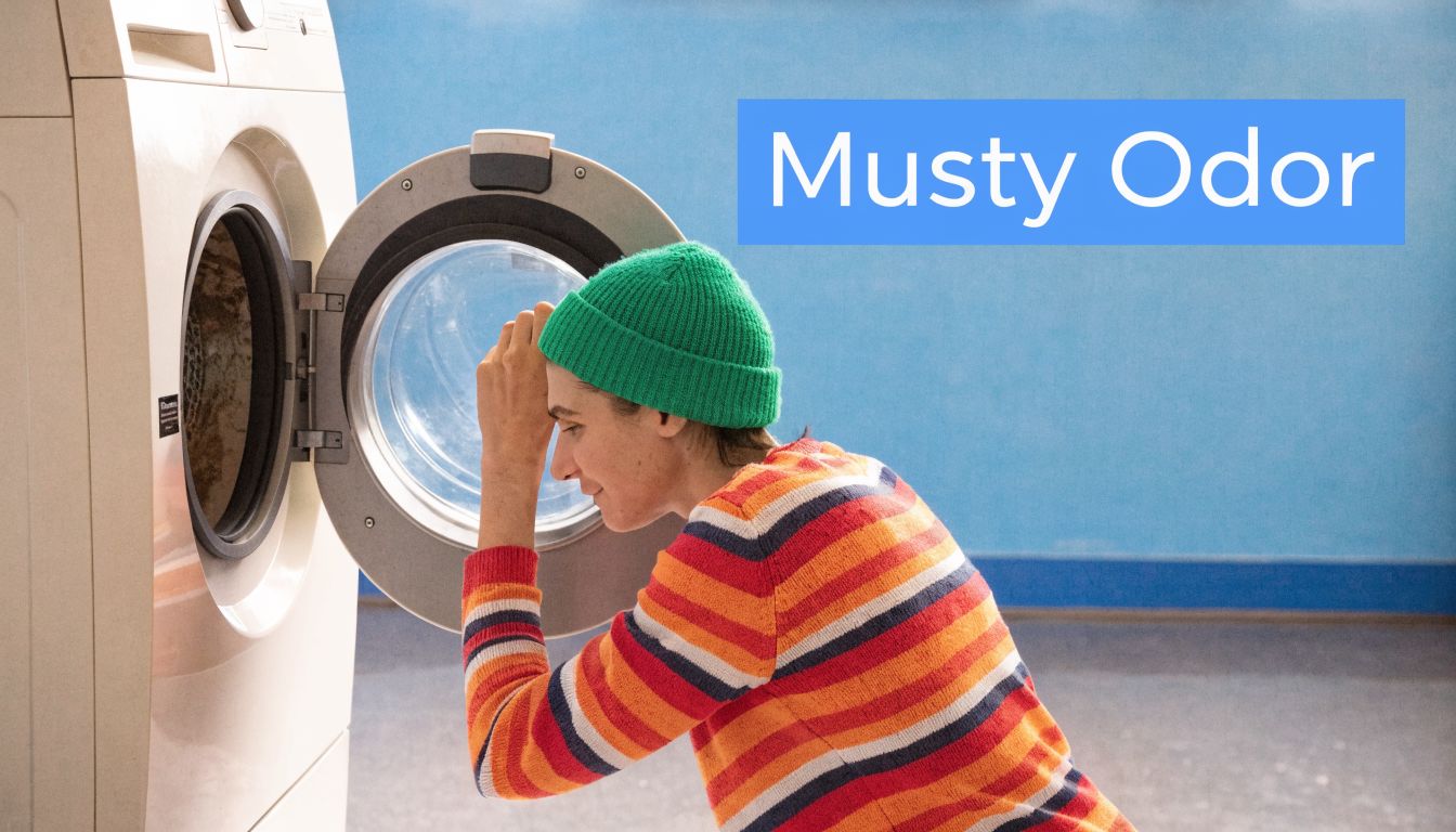 A person wearing a green hat sniffing the inside of a front loader washing machine for odors.