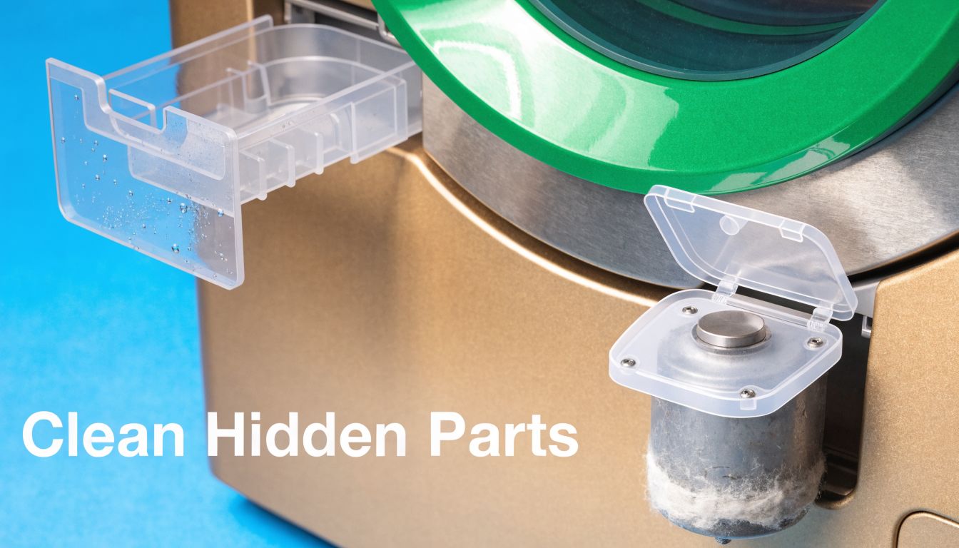 A close-up view of an open washing machine drawer and filter component emphasizing the need for regular maintenance.