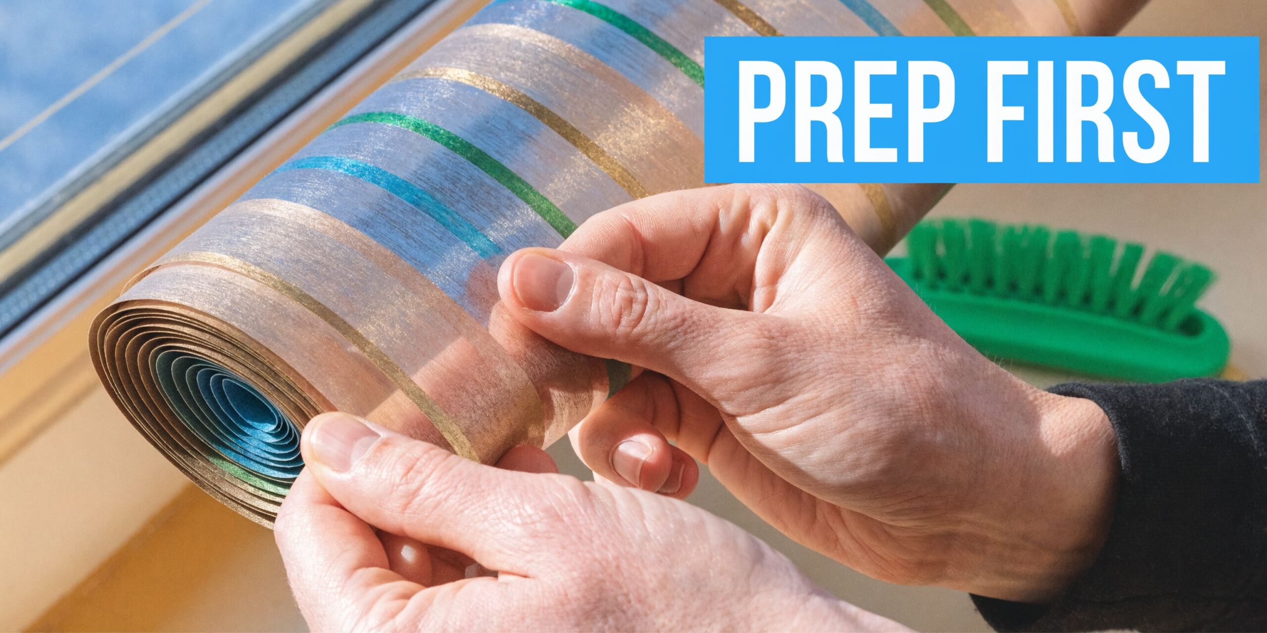 A pair of hands preparing a striped roller blind for cleaning next to a green scrubbing brush.