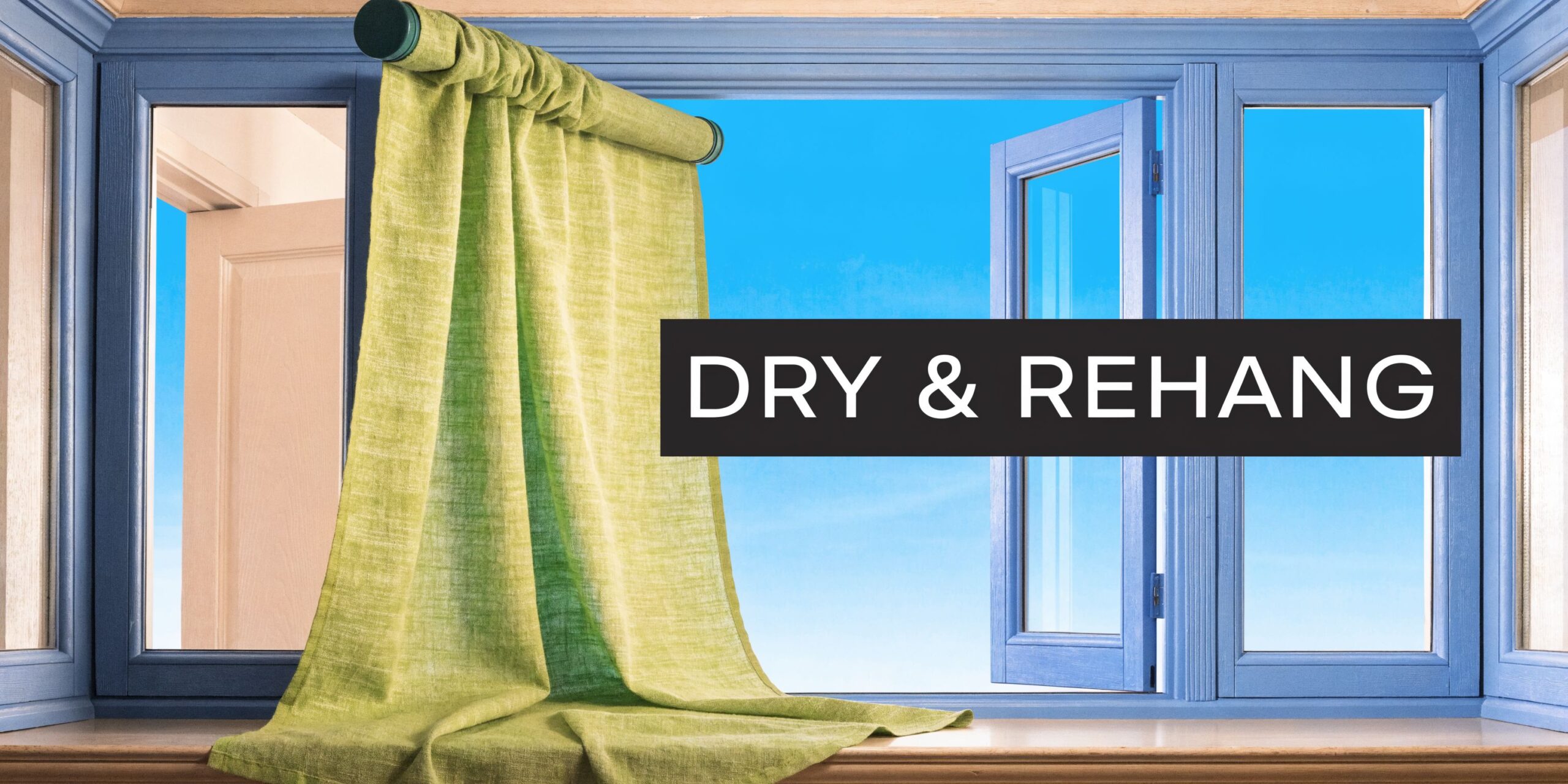 A green fabric curtain hanging on a small rod inside a blue frame window outdoors