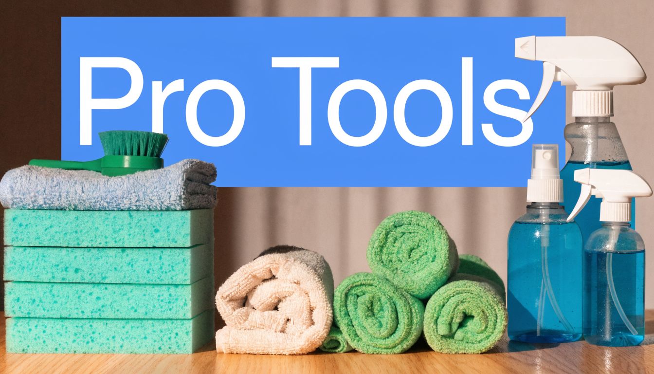 A collection of cleaning supplies including sponges, microfiber towels, and spray bottles on a wooden surface.