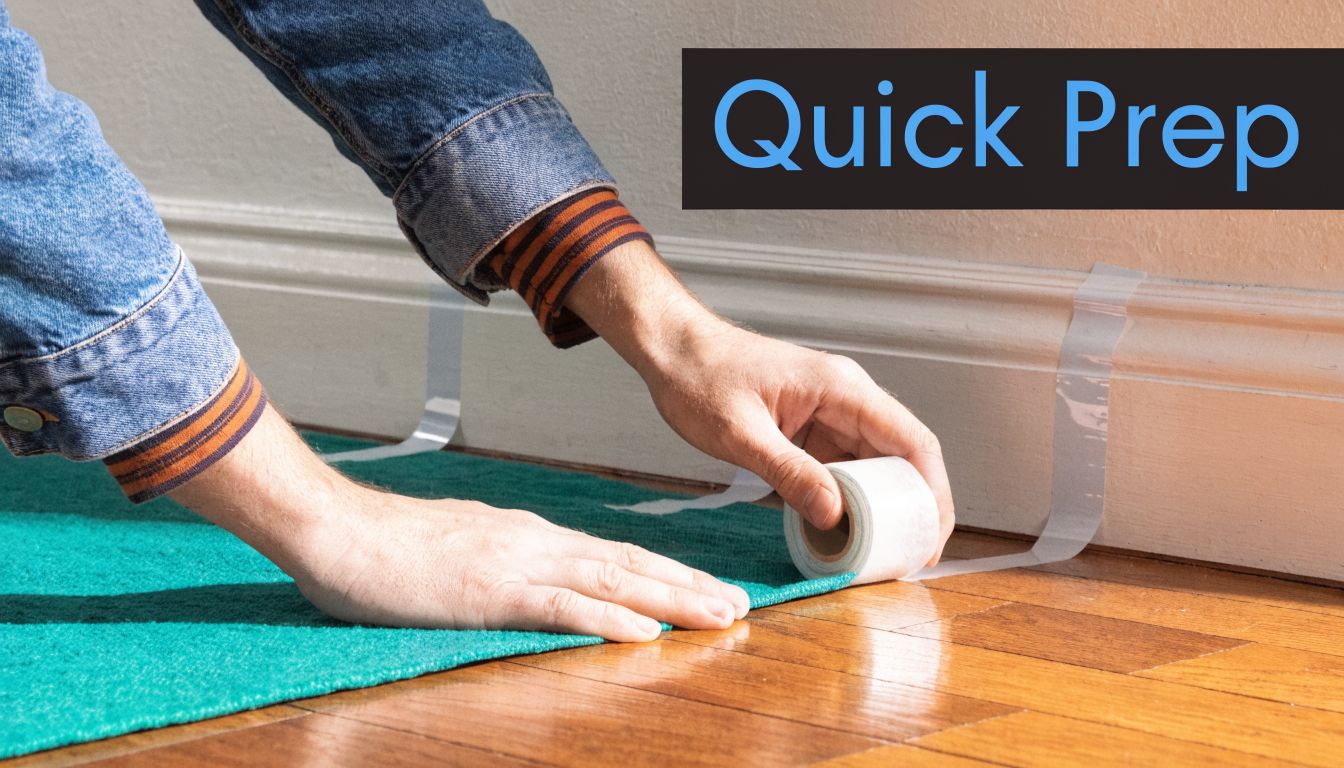A person applying adhesive tape along the baseboard to protect the wall during painting or renovation work.