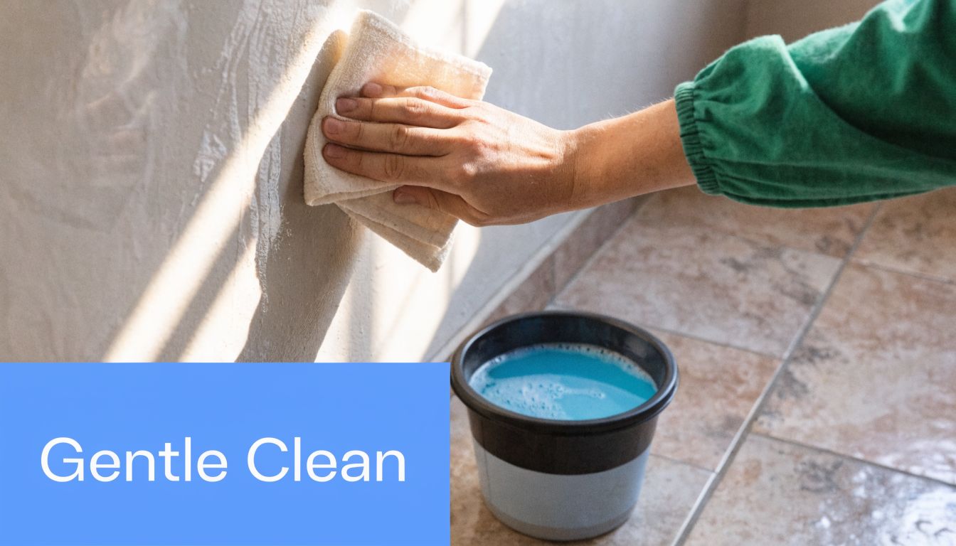 A person in a green shirt gently cleans a wall with a damp cloth near a bucket.