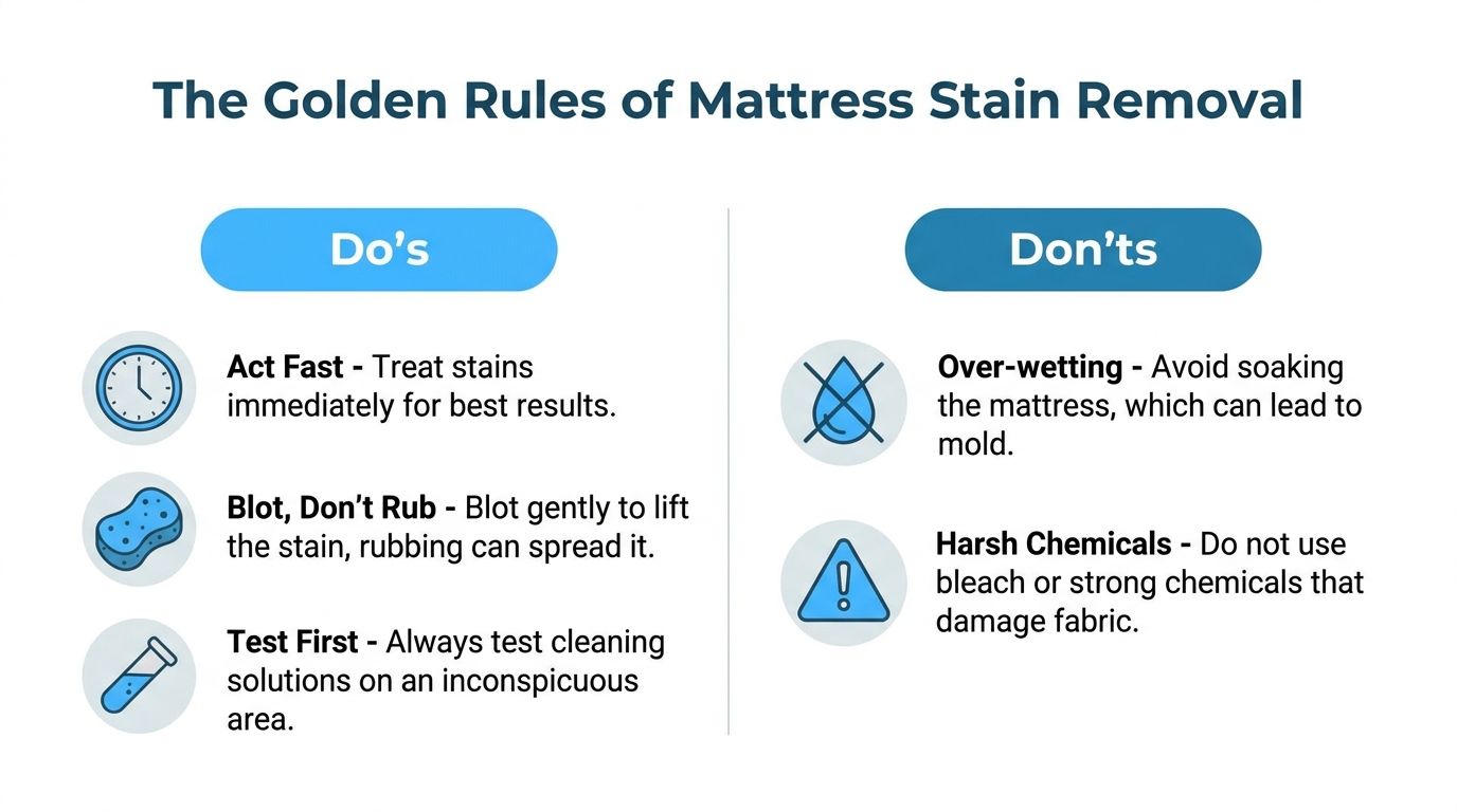 An infographic titled The Golden Rules of Mattress Stain Removal listing recommended dos and cautionary donts.