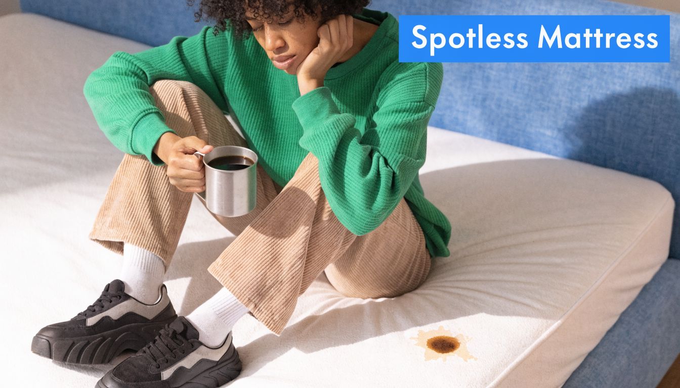 A person sitting on a white mattress with a coffee spill stain, holding a mug of coffee.