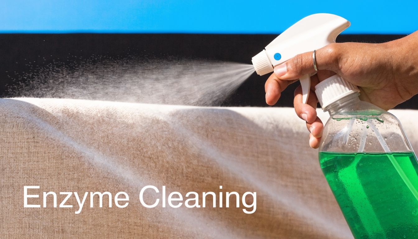 A hand holding a spray bottle filled with green enzyme cleaning solution, spraying onto a fabric mattress.