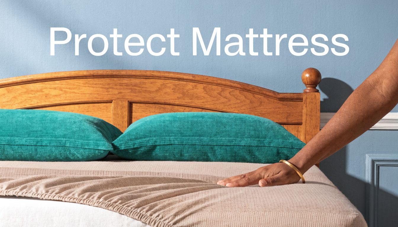 A hand touching a clean beige mattress protector placed on a bed with teal pillows.