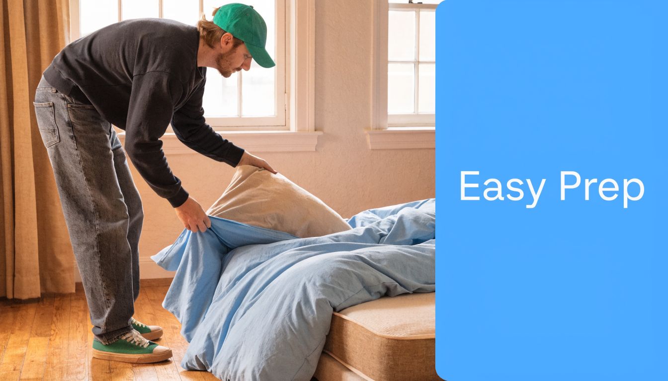 A man wearing a green cap making a bed with a light blue duvet cover on a mattress.