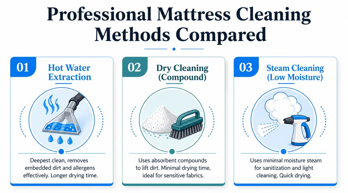 A comparison chart showing three professional mattress cleaning methods: hot water extraction, dry cleaning, and steam cleaning.