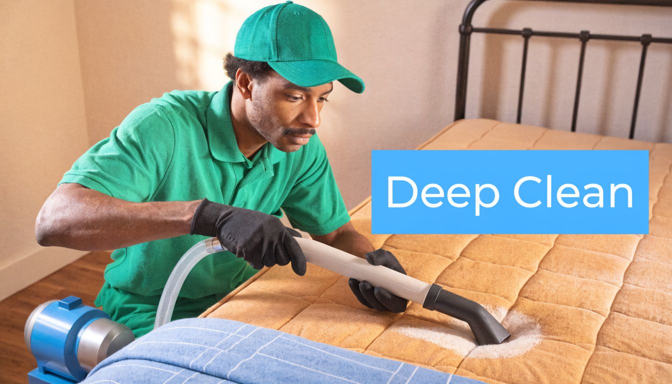 A professional cleaner wearing a green uniform and black gloves vacuums a beige mattress with specialized equipment.