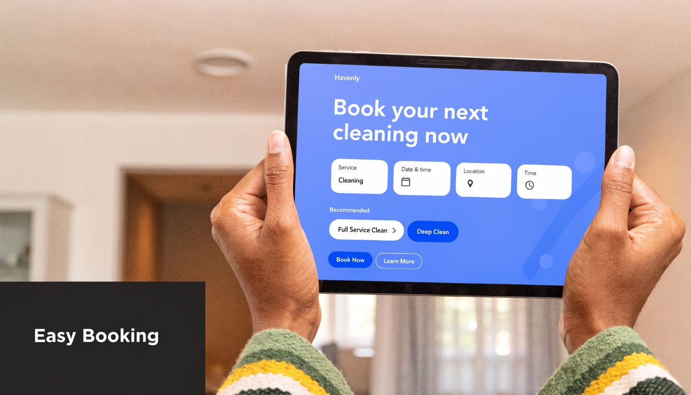 A person holding a tablet displaying a user-friendly app for booking NDIS cleaning services online.