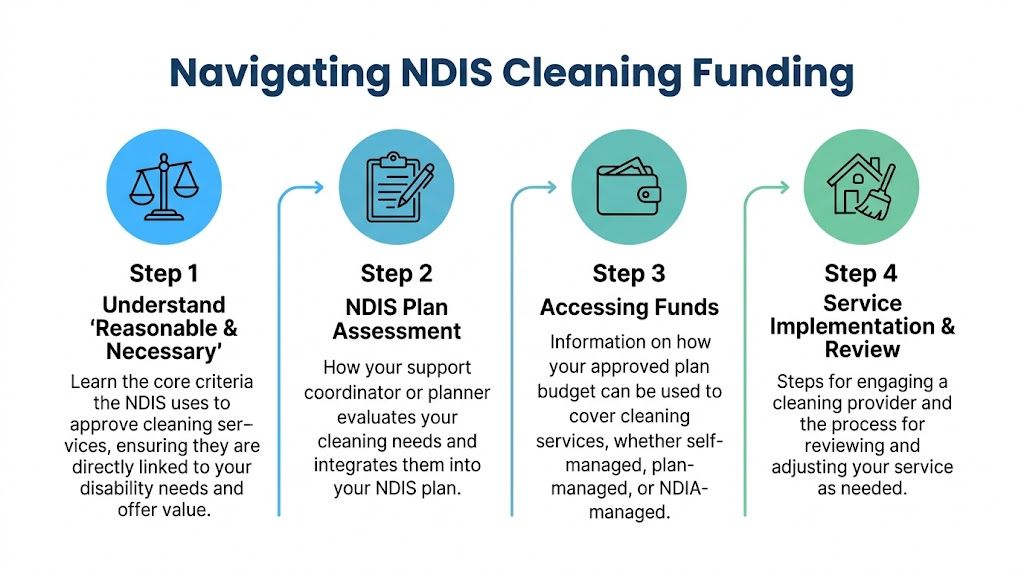 A four-step infographic explaining how to navigate NDIS funding for cleaning services and support needs.