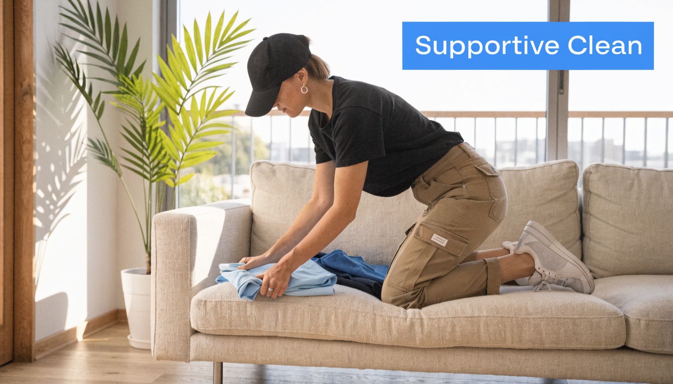 A woman wearing a cap and casual clothing kneeling on a sofa while folding clean laundry