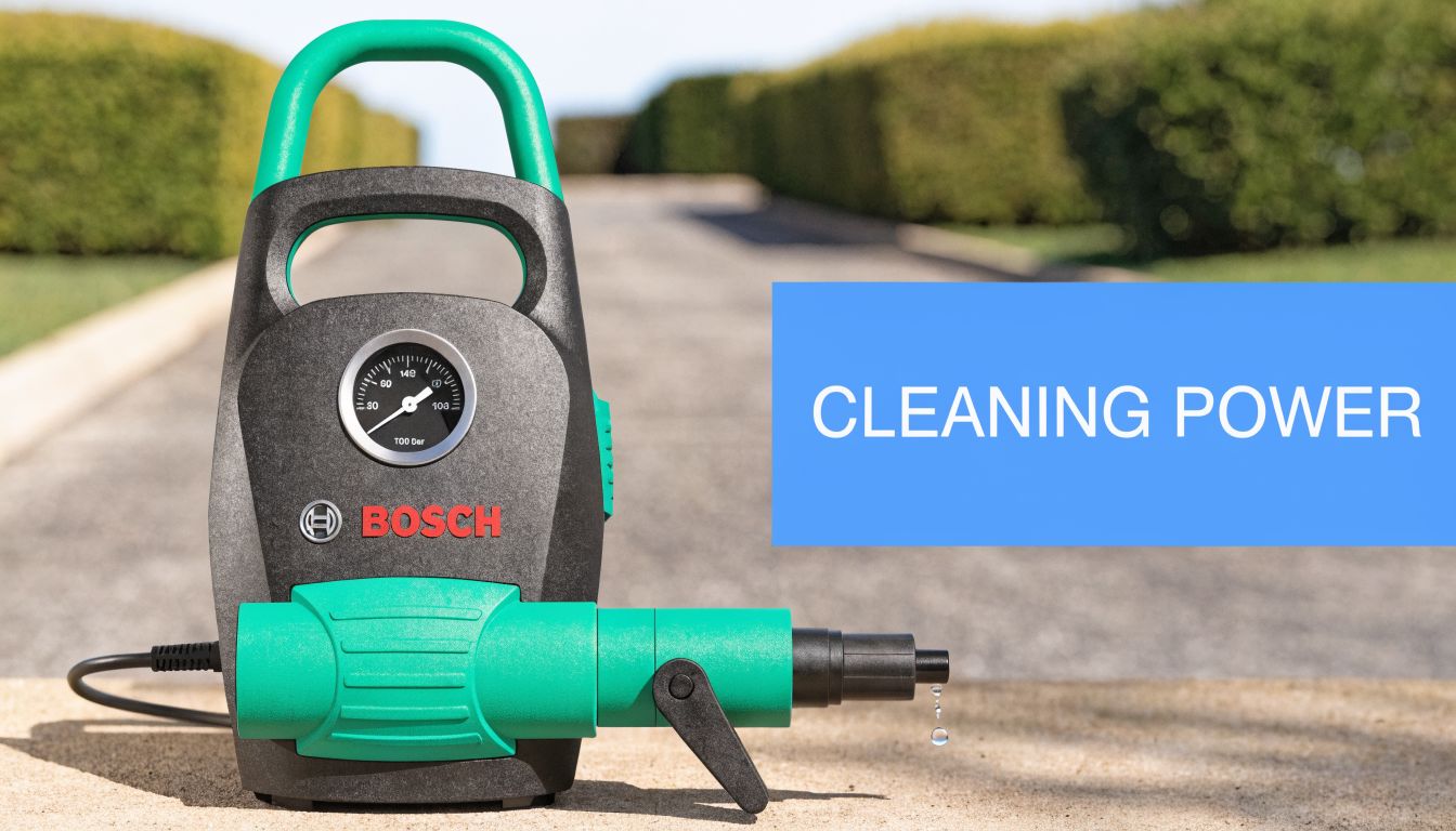 A green and black Bosch portable pressure washer sits on a stone surface outdoors with a droplet falling.