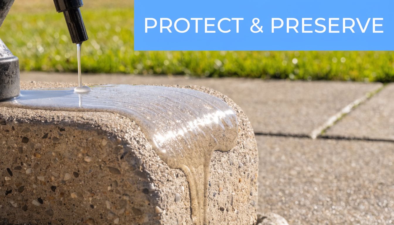A clear protective sealant being sprayed onto a piece of concrete to preserve its surface quality.