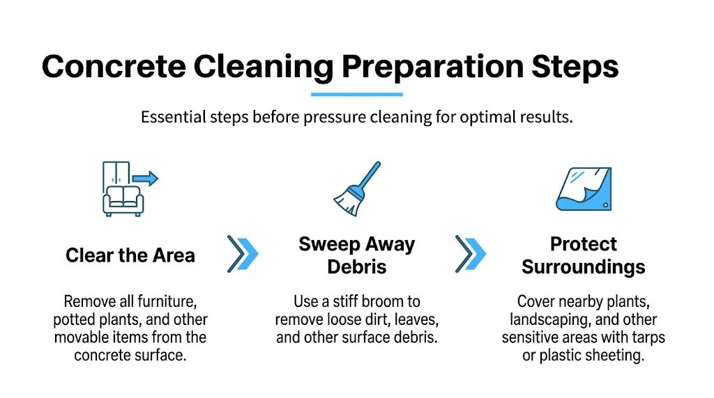 An infographic showing three essential preparation steps for pressure cleaning concrete: clearing furniture, sweeping debris, and protecting surroundings.