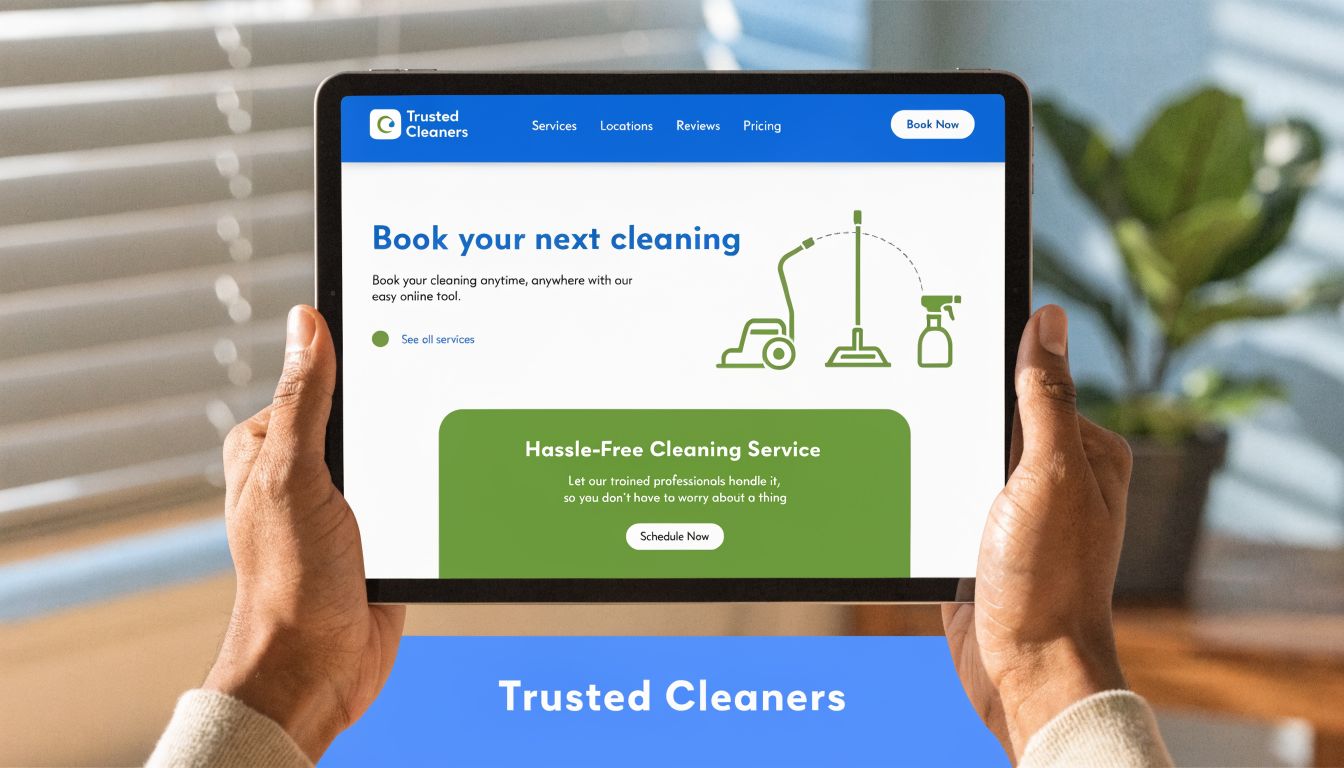 A person holding a tablet displaying a professional cleaning services website booking page for Trusted Cleaners.