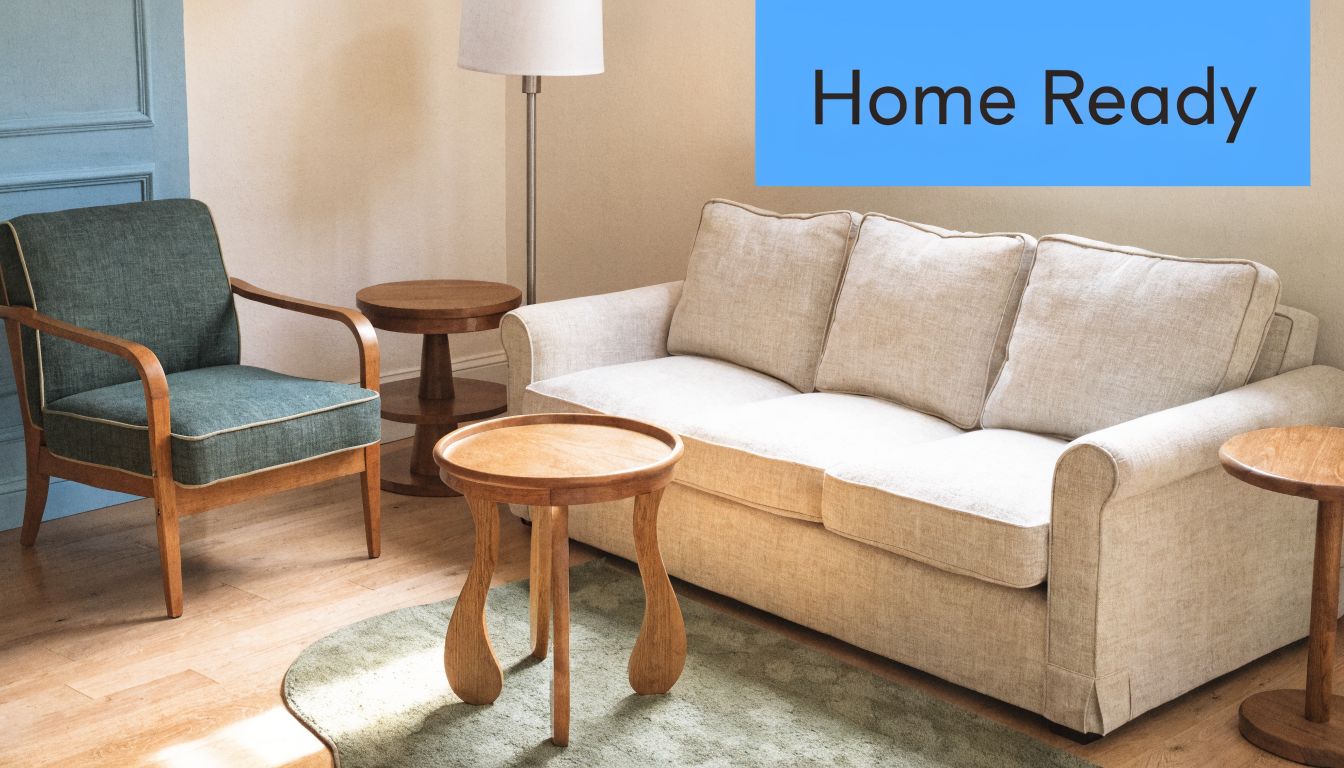 A cozy living room featuring a comfortable sofa, armchair, side tables, and a soft green rug.