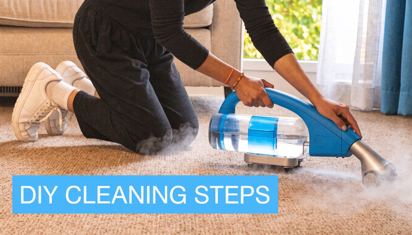A person kneeling on a carpet using a blue handheld steam cleaner to remove dirt from the floor.