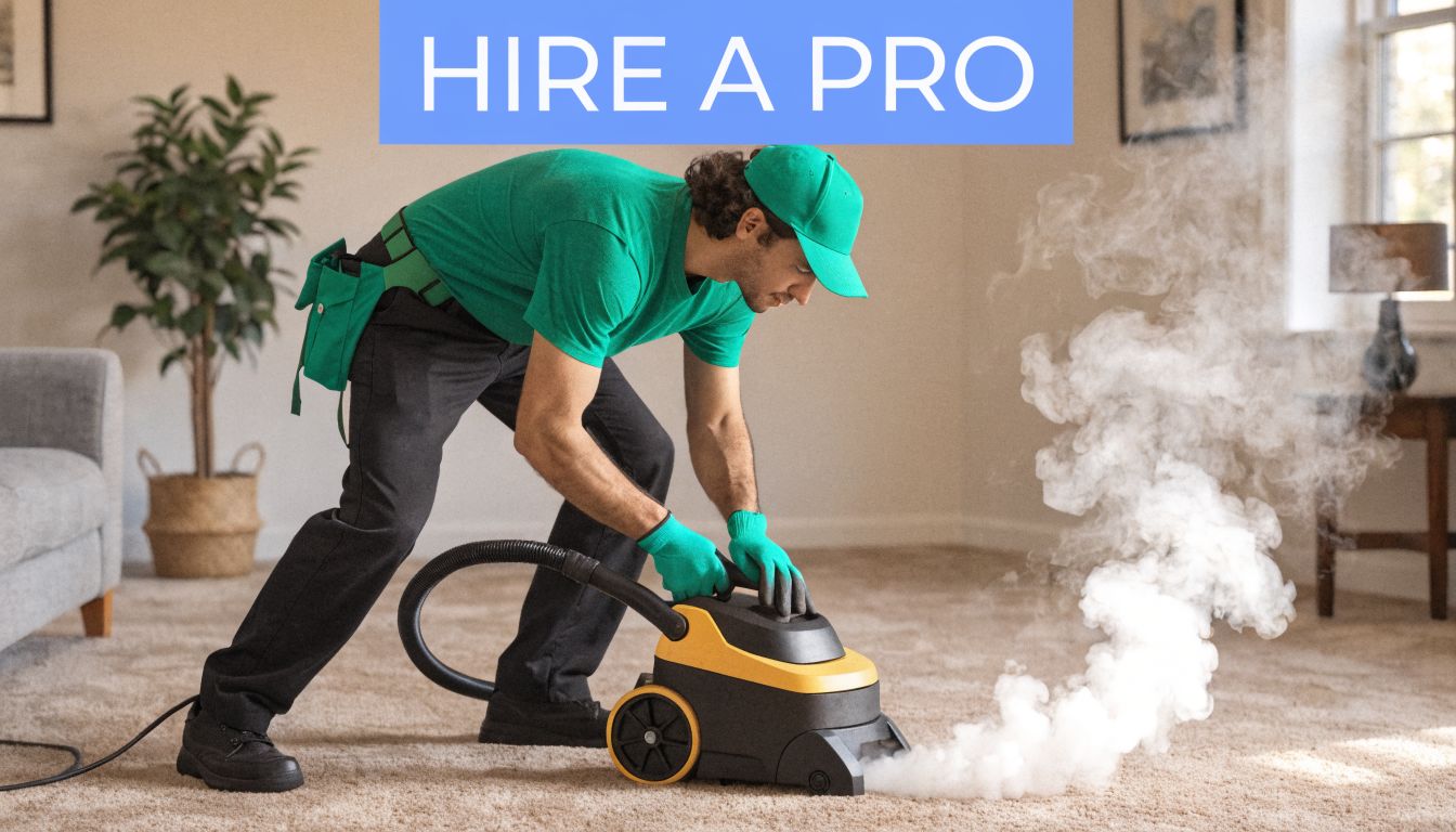 A professional cleaner in green uniform using a steam cleaning machine on a plush carpeted living room floor.