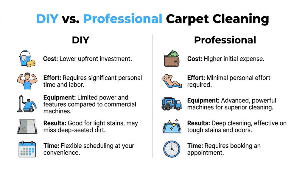 A comparison chart outlining the pros and cons of DIY versus professional carpet cleaning services.