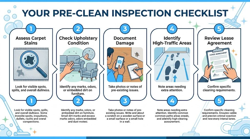 An illustrated checklist outlining five steps for pre-cleaning inspection of carpets and upholstery in a home.