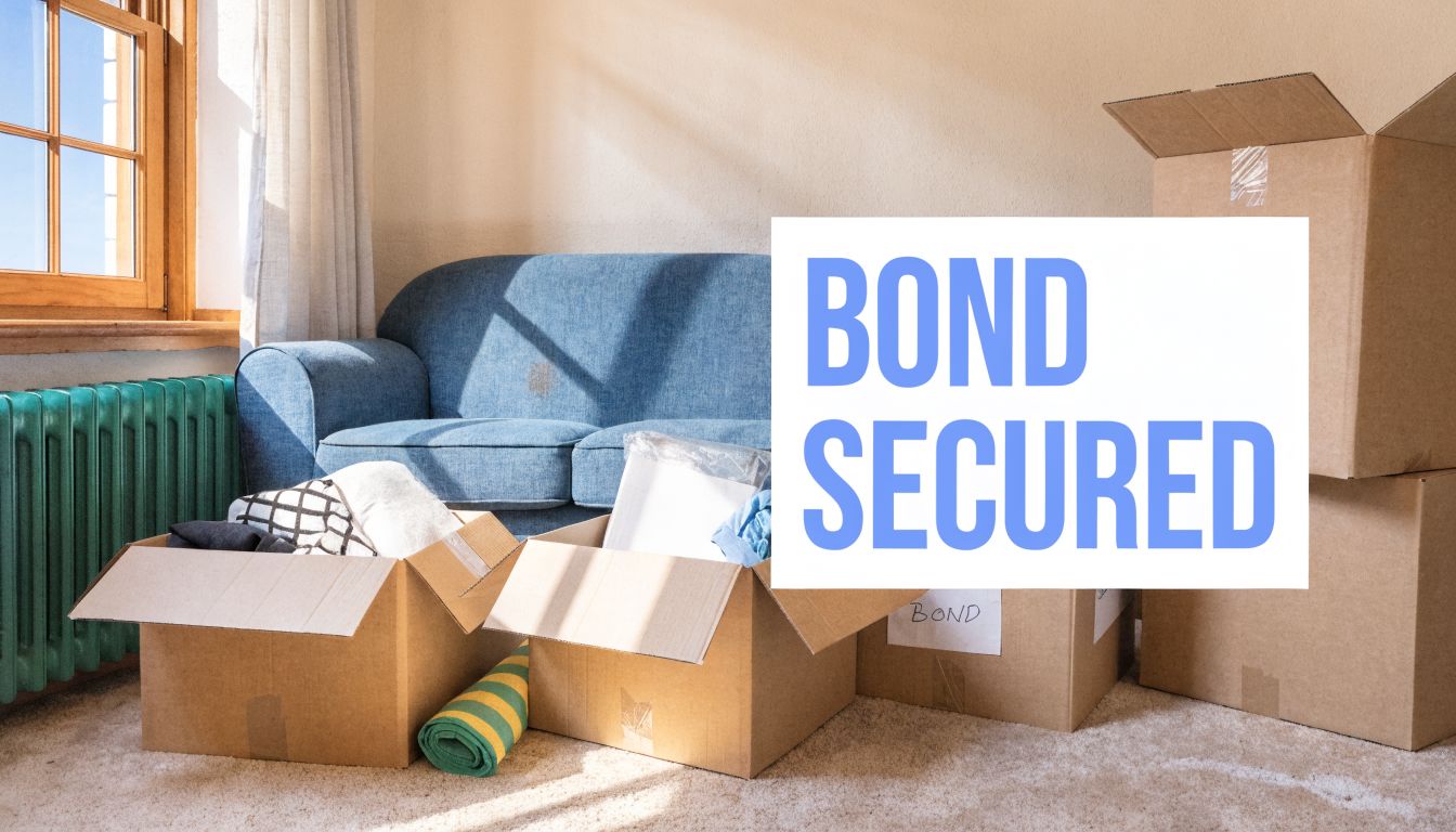 Cardboard boxes packed for moving sit in front of a blue couch in a residential room.