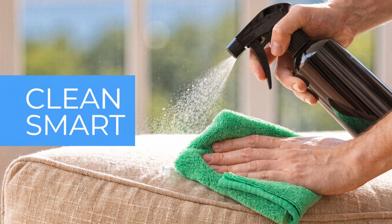 A person cleaning a beige upholstered sofa surface with a spray bottle and a green microfiber cloth.