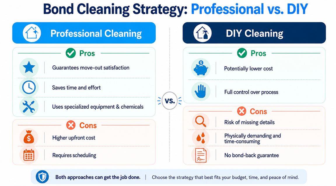 A comparison infographic showing the pros and cons of professional bond cleaning versus DIY cleaning options.