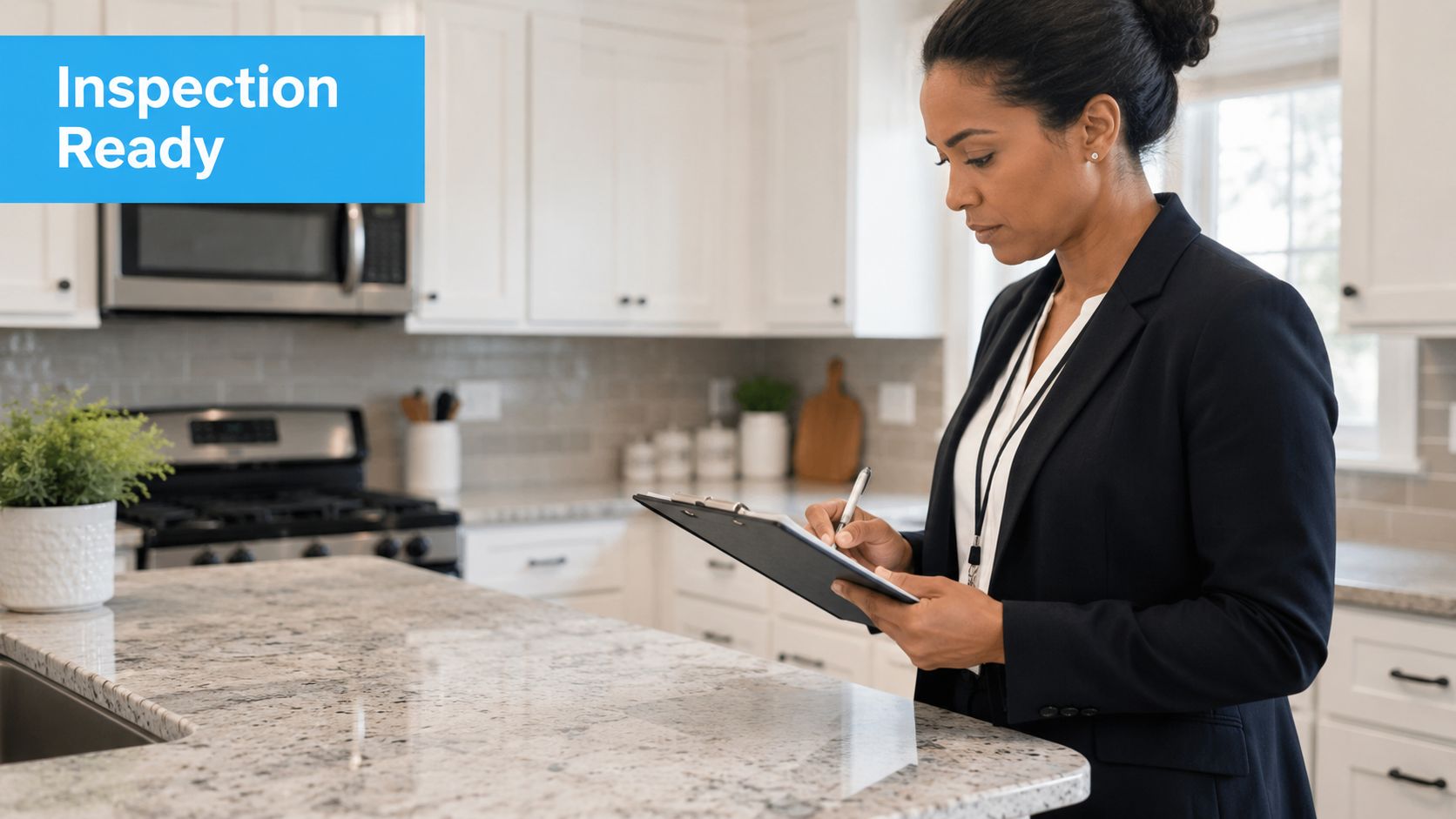 A professional woman in a suit writing on a clipboard during a kitchen property inspection.
