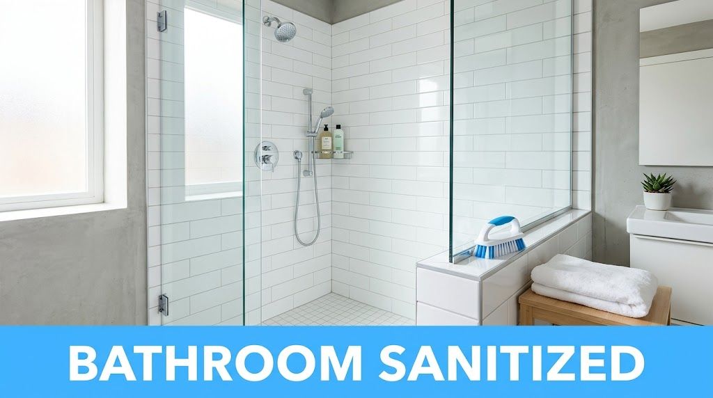 A clean, modern bathroom shower area with white subway tiles and a wooden stool with towels.