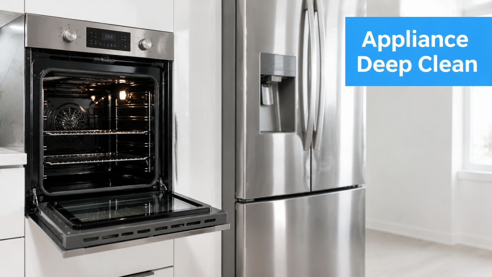 A clean, modern stainless steel built-in oven with an open door next to a matching refrigerator.
