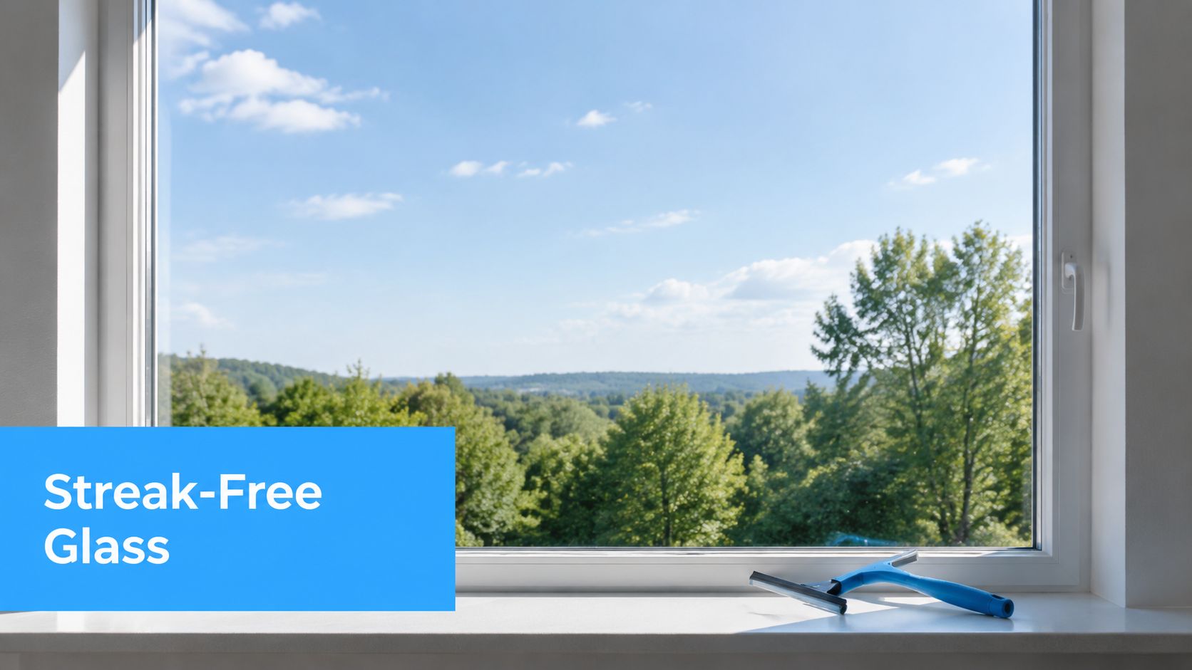 A squeegee rests on a clean windowsill overlooking a lush green forest landscape under a blue sky.