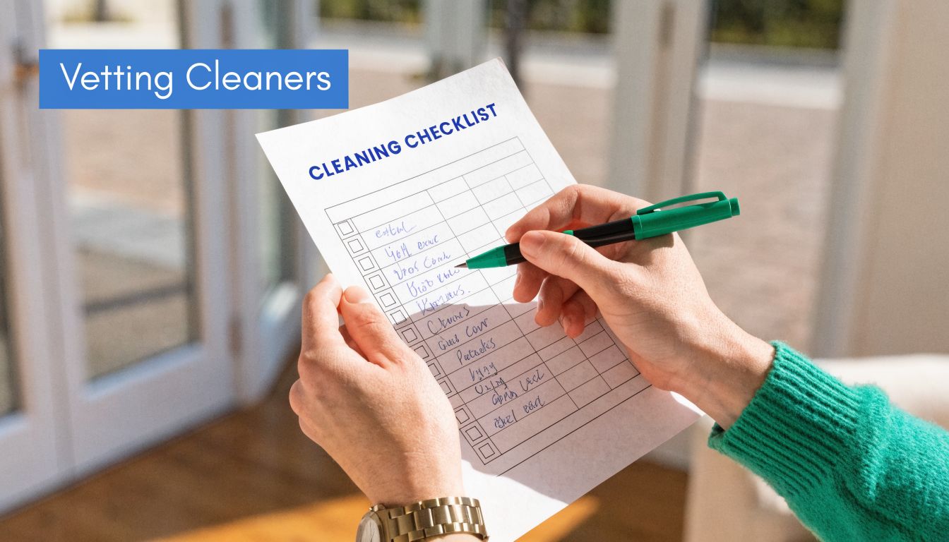 A person in a green sweater holding a cleaning checklist and pen while vetting professional cleaners.