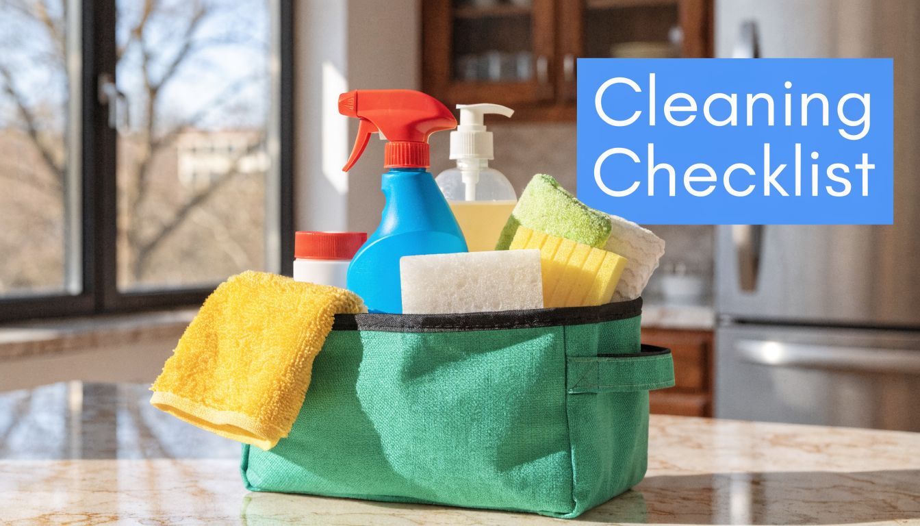 A green fabric caddy filled with various colorful cleaning supplies sitting on a kitchen countertop.