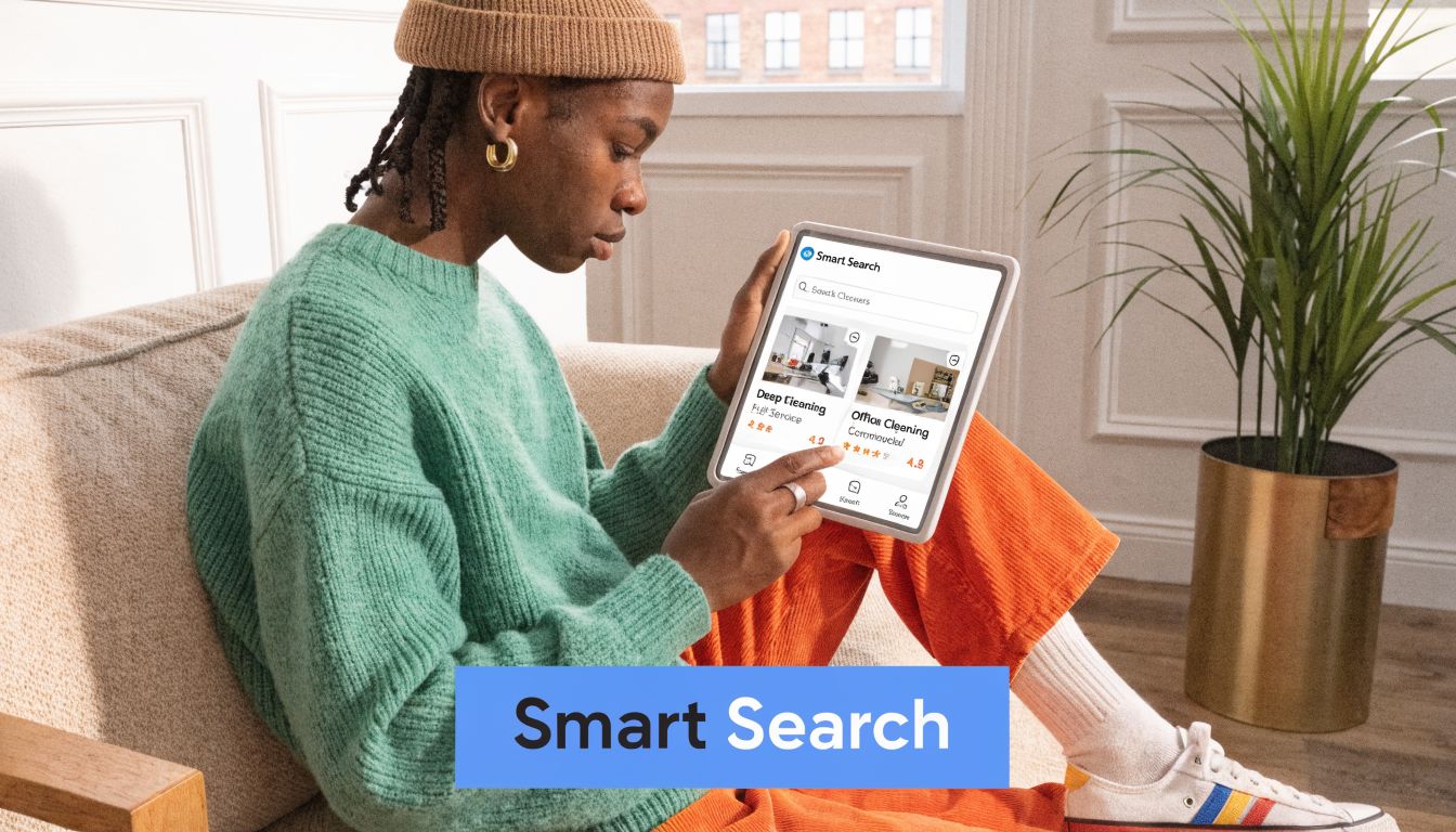 A person sitting on a sofa using a digital tablet to search for house cleaning services online.